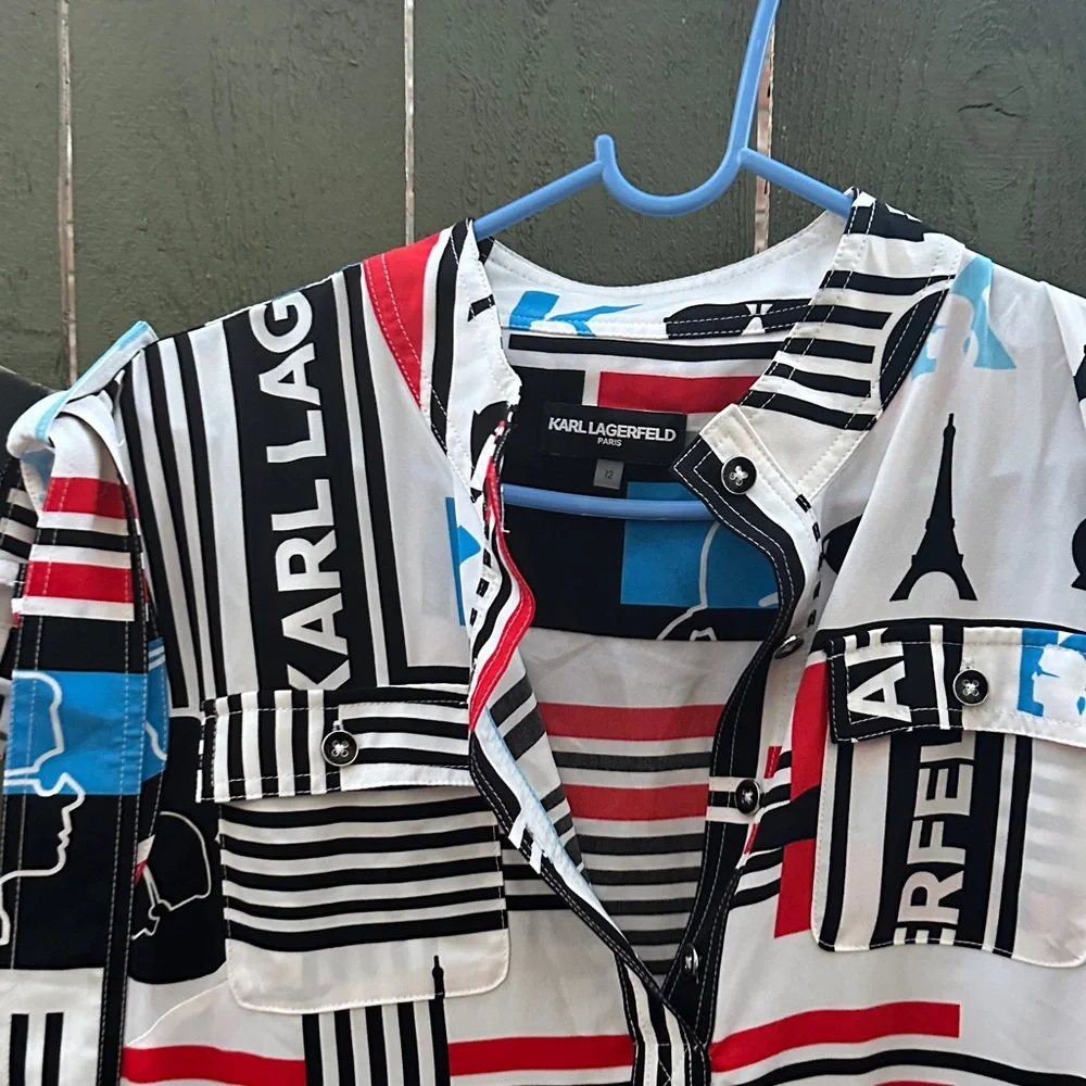 Karl Lagerfeld Black White Red Blue Graphic Panel Dress - Picture 3 of 11